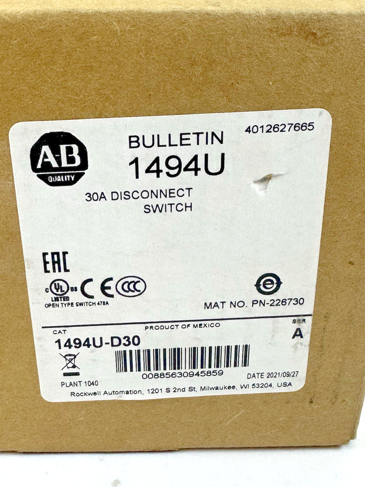 Allen Bradley 1494U-D30 Disconnect Unit KIT 1494U-HM1 1494U-R1