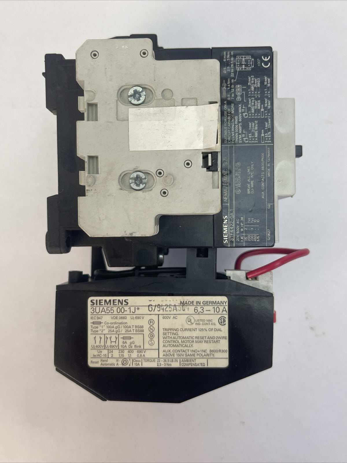 SIEMENS SIZE 1 STARTER(3TF4422-0A..1 CONTACTOR 600VAC 10HP 27A 3UA55001J* RELAY)