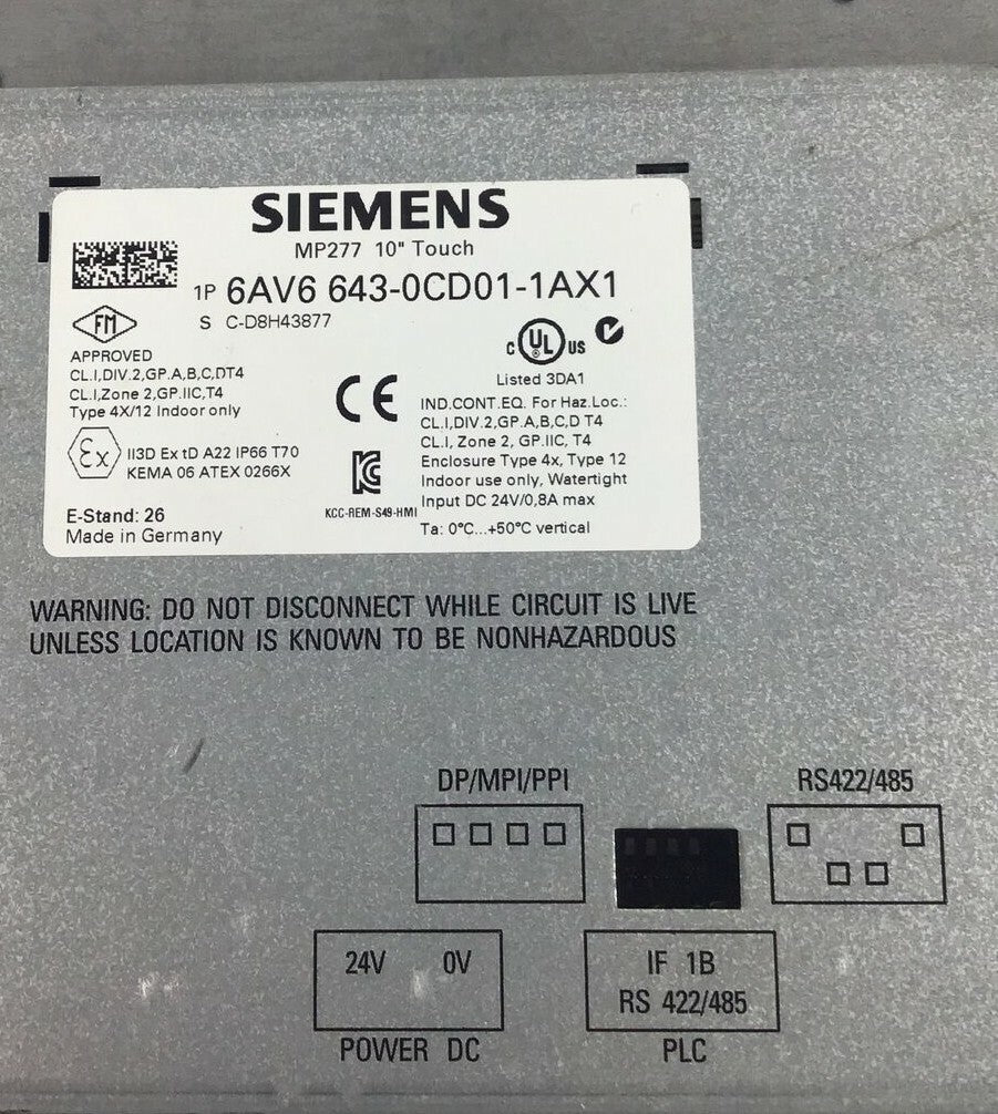 SIEMENS 6AV6 643-0CD01-1AX1 10" TOUCH OPERATOR PANEL INTERFACE *BROKEN PLASTIC*