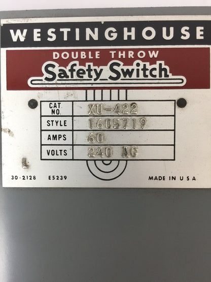 WESTINGHOUSE XU-422 DOUBLE THROW SAFETY SWITCH 60AMP 240VAC STYLE 1605719