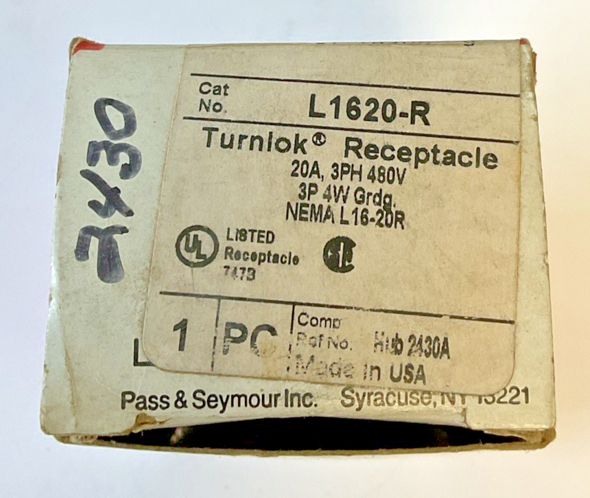 PASS & SEYMOUR L1620-R TURNLOK RECEPTACLE 20A 3PH 480V 3P 4W ***LOTOF3***