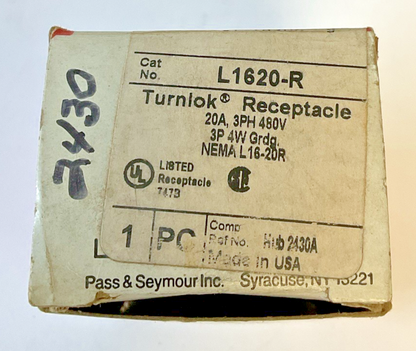 PASS & SEYMOUR L1620-R TURNLOK RECEPTACLE 20A 3PH 480V 3P 4W ***LOTOF3***