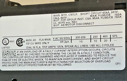 SIEMENS 3RV2021-4FA15 MOTOR CONTROL 24-40A