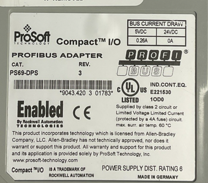 PROSOFT PS69-DPS PROFIBUS ADAPTER REV.3 24VDC 0.26A