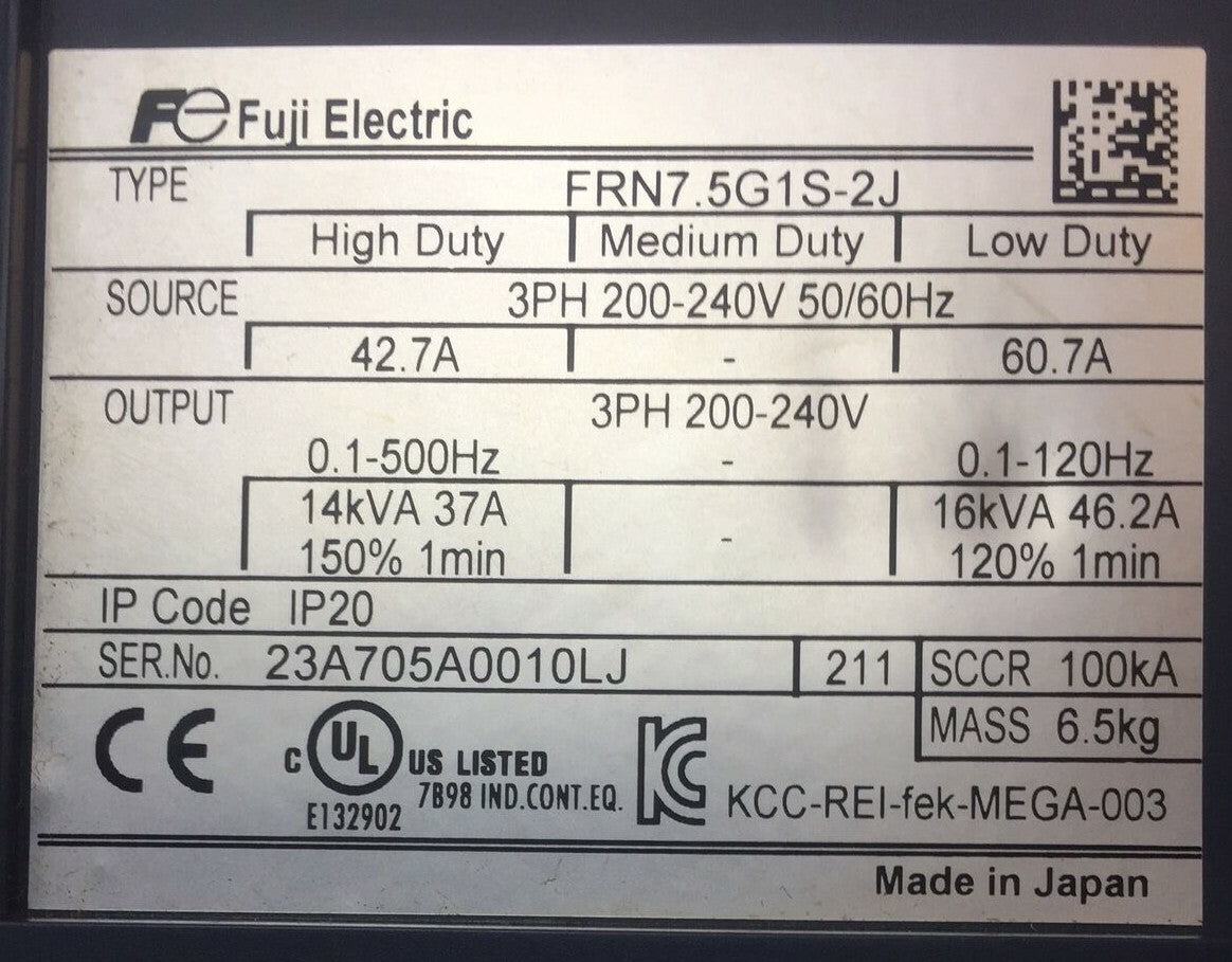 FUJI FRN7.5G1S-2J FRENIC-MEGA DRIVE OUTPUT 3PH 200-240V 0.1-120HZ 16kVA 46.2A