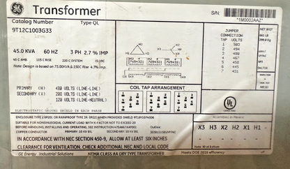 GE 9T12C1003G33 TRANSFORMER 45KVA 60HZ 3PH TYPE QL 480V