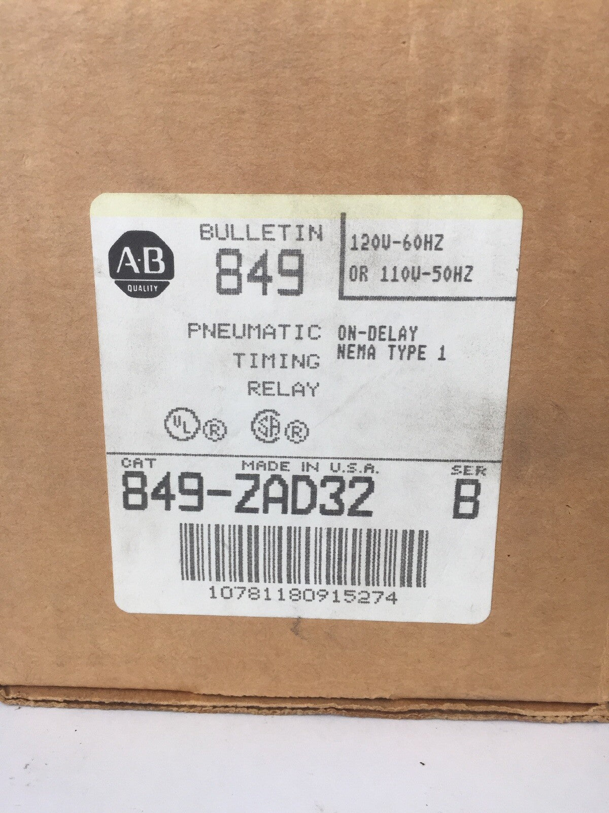 ALLEN BRADLEY 849-ZAD32 PNEUMATIC TIMING RELAY NEMA TYPE 1 21A224 COIL 120V 60HZ