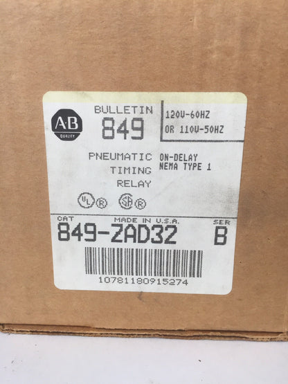 ALLEN BRADLEY 849-ZAD32 PNEUMATIC TIMING RELAY NEMA TYPE 1 21A224 COIL 120V 60HZ
