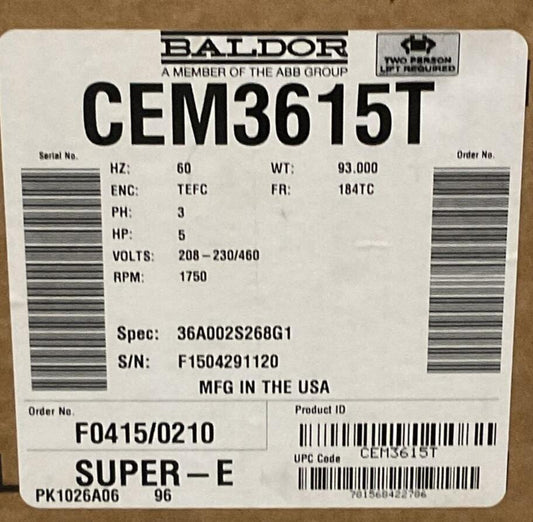 BALDOR CEM3615T MOTOR 208-230/460V 1750RPM 5HP 3PH