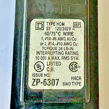 SQUARE D HOM115 CIRCUIT BREAKER 120-240VAC 15A 1POLE ***LOTOF6***