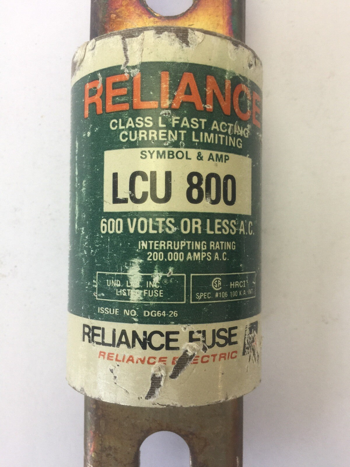 RELIANCE LCU 800 CLASS L FAST ACTING CURRENT LIMITING FUSE 800 AMPS 600 VAC