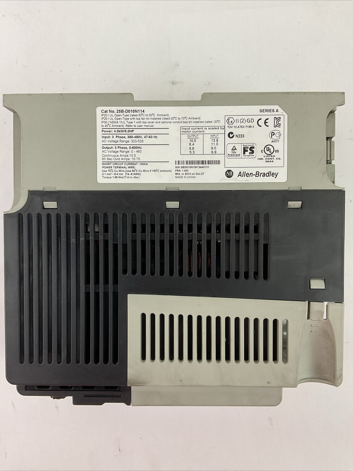 ALLEN BRADLEY 25B-D010N114 AC DRIVE FRN 1.003 SER A OUTPUT 0-460VAC