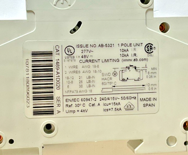 ALLEN BRADLEY 1489-A1D020 CIRCUIT BREAKER SER.A 10KA W/1489-AAHH3 ***LOTOF4***