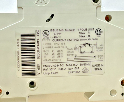 ALLEN BRADLEY 1489-A1D020 CIRCUIT BREAKER SER.A 10KA W/1489-AAHH3 ***LOTOF4***