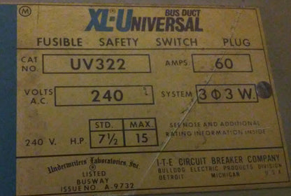 Siemens I-T-E XL-Universal Fusible Safety Switch Plug - UV322 - 60A 3ph 3W 240V