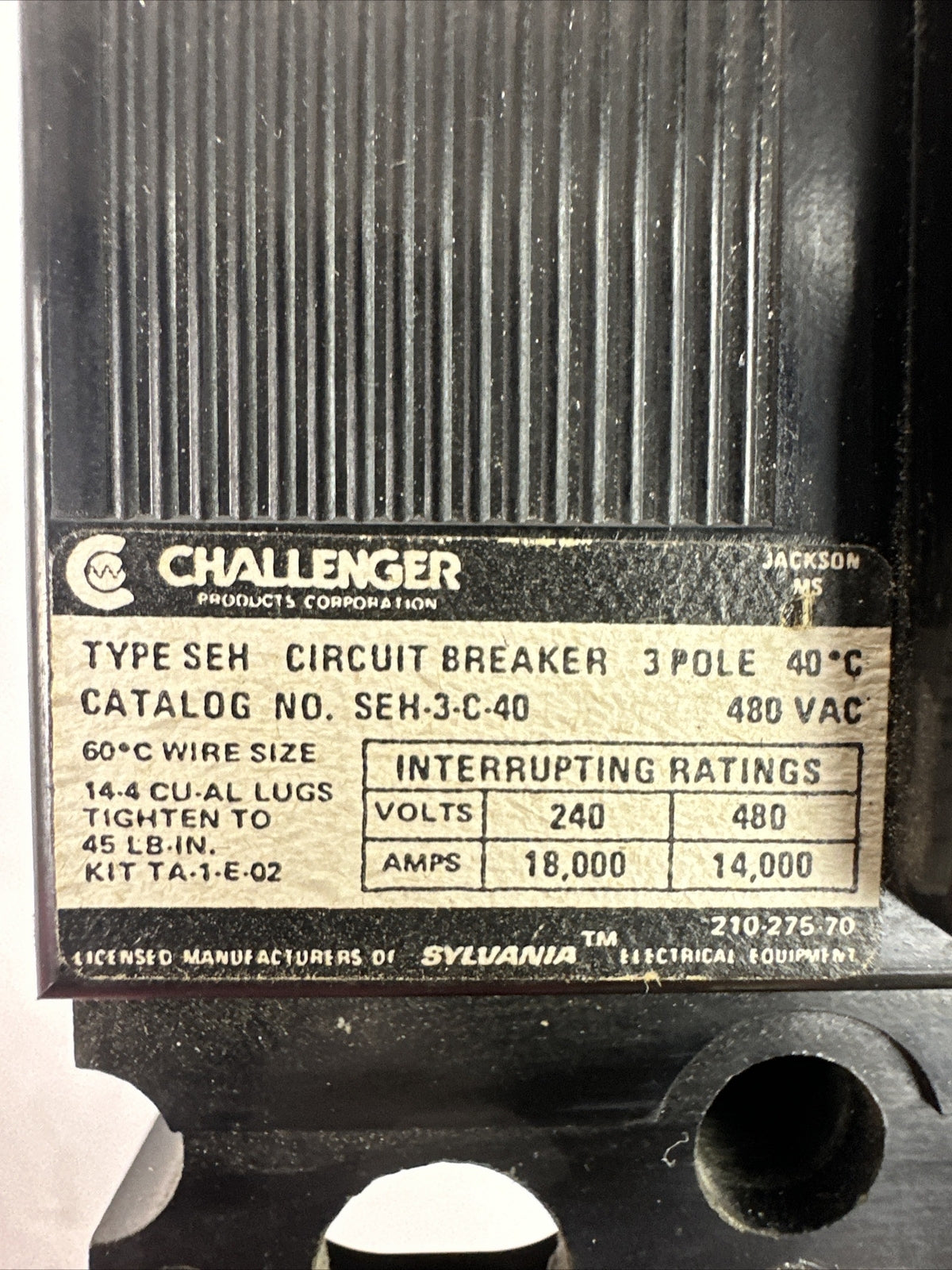 CHALLENGER SEH-3-C-40 CIRCUIT BREAKER 40AMP 480VAC 3POLE