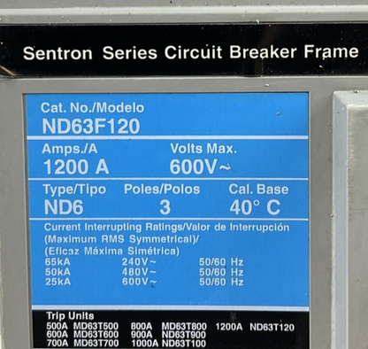 SIEMENS ND63F120 CIRCUIT BREAKER 1200A 600VAC 3POLE