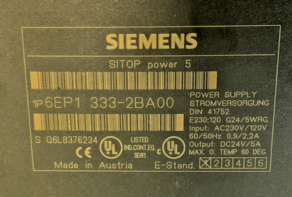SIEMENS 1P6EP1 333-2BA00 POWER SUPPLY SITOP POWER 5 60/50HZ 0.9/2.2A