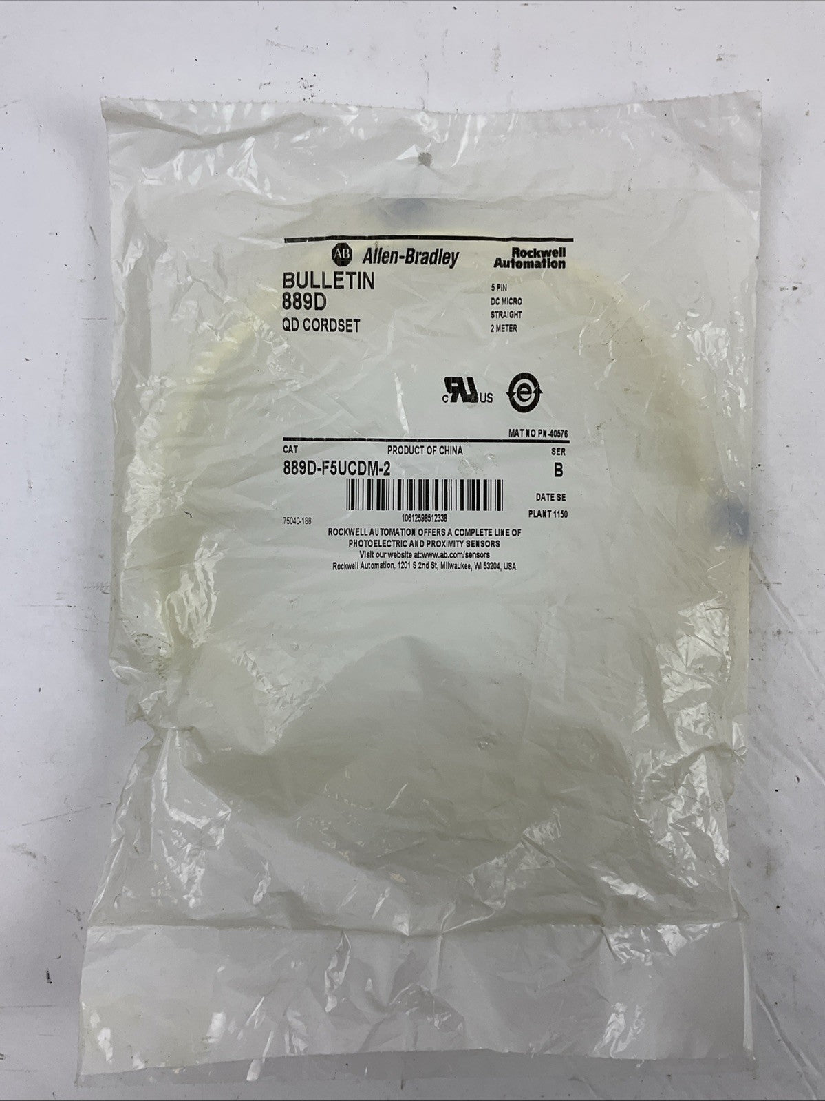 ALLEN BRADLEY 889D-F5UCDM-2 QD CORDSET 5 PIN DC MICRO STRAIGHT 2 METER SER B