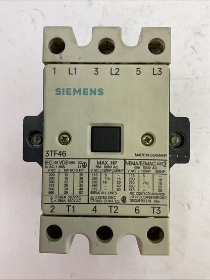 SIEMENS 3TF46 CONTACTOR 600VAC 70A 50HP COIL 120V 60HZ