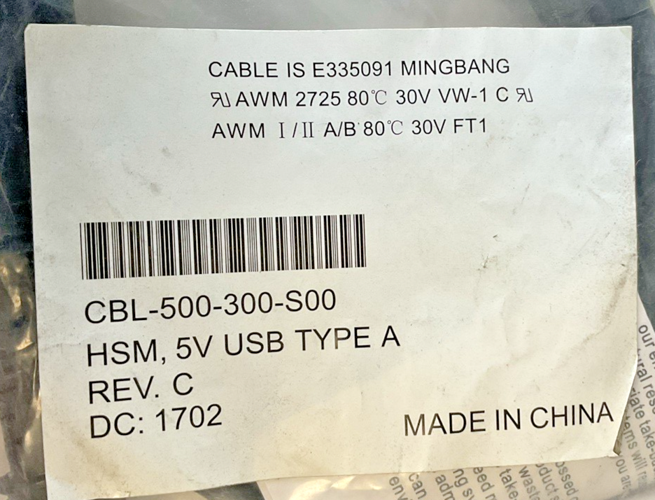 HONEYWELL CBL-500-300-S00 HSM, 5V USB TYPE A CABLE  REV.C