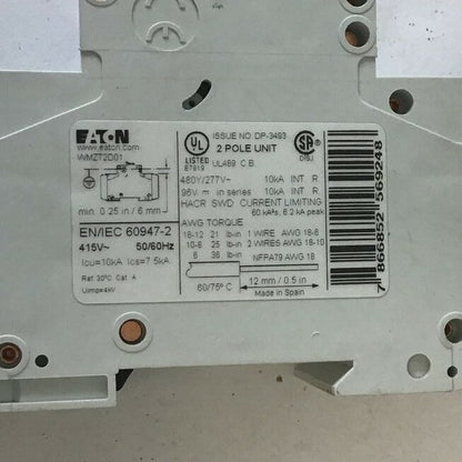 EATON WMZT2D01 CIRCUIT BREAKER 1A 480Y/277VAC 10KA 2POLE 50/60HZ***LOTOF2***