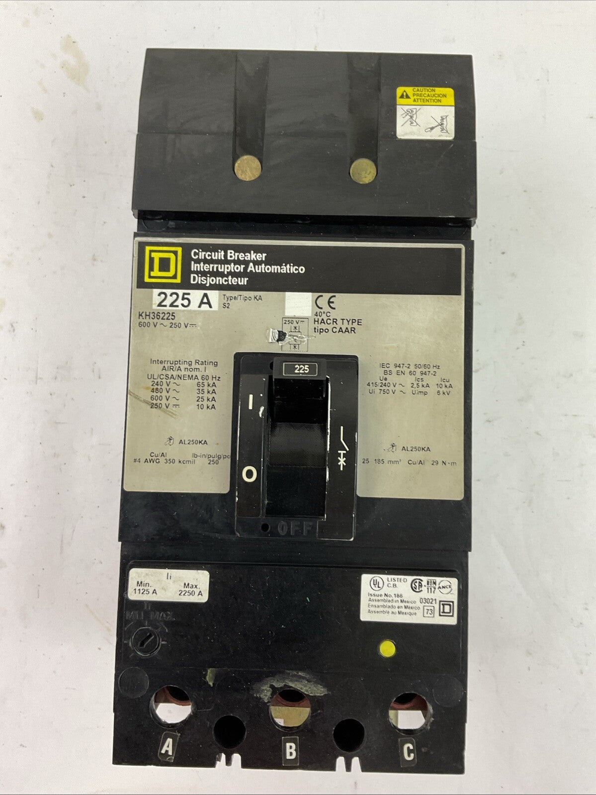 SQUARE D KH36225 CIRCUIT BREAKER 600VAC 250VDC 3POLE 225AMP