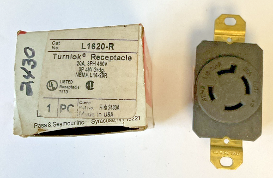 PASS & SEYMOUR L1620-R TURNLOK RECEPTACLE 20A 3PH 480V 3P 4W ***LOTOF3***