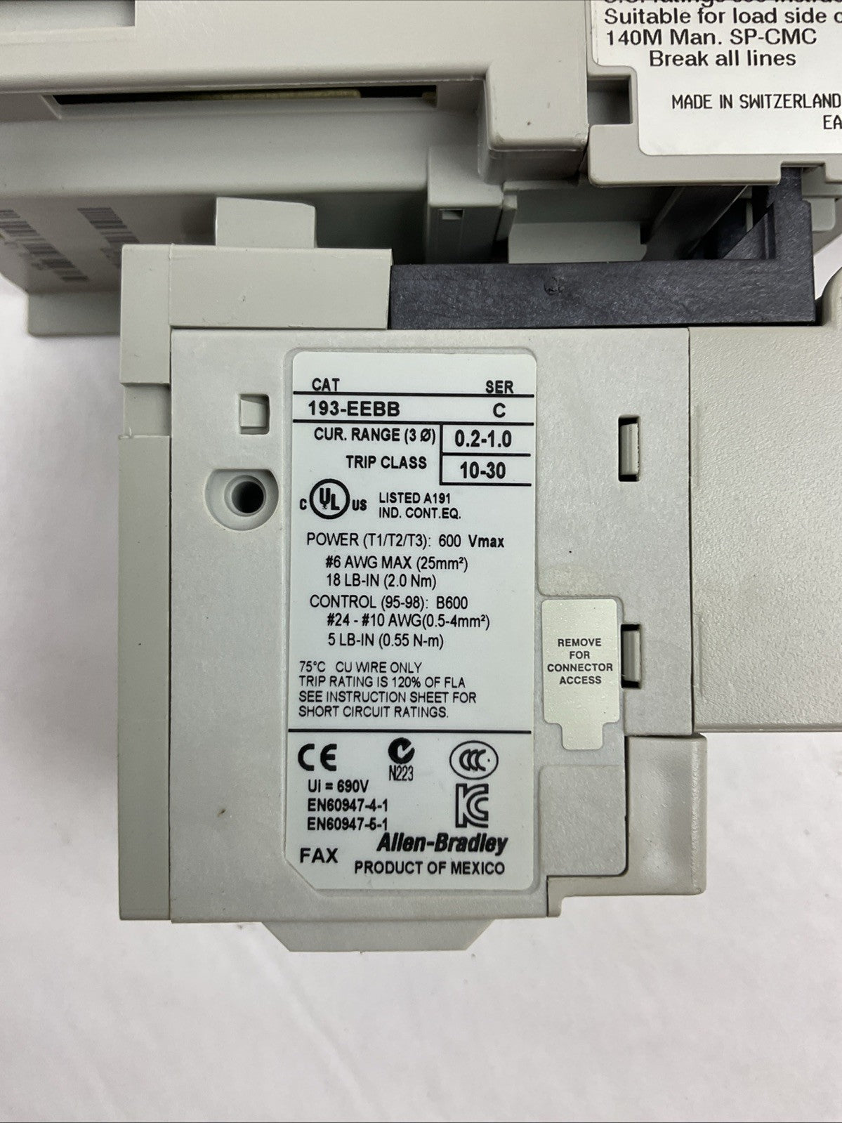ALLEN BRADLEY STARTER (100S-C09DJ14C (100-C09D*10 +100S-F) + 193-EEBB 0.2-1.0A)