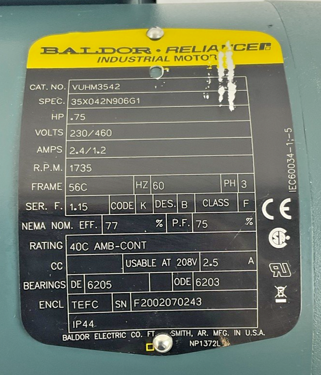 BALDOR VUHM3542 INDUSTRIAL MOTOR .75HP 60HZ 3PH 230/460V 1735RPM