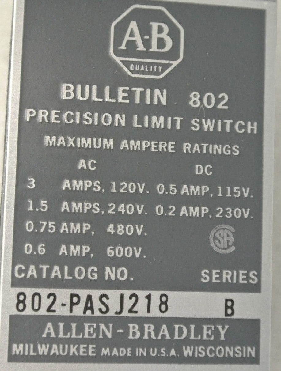 ALLEN-BRADLEY 802-PASJ218 PRECISION LIMIT SWITCH / PUSH ROLLER / NEW SURPLUS