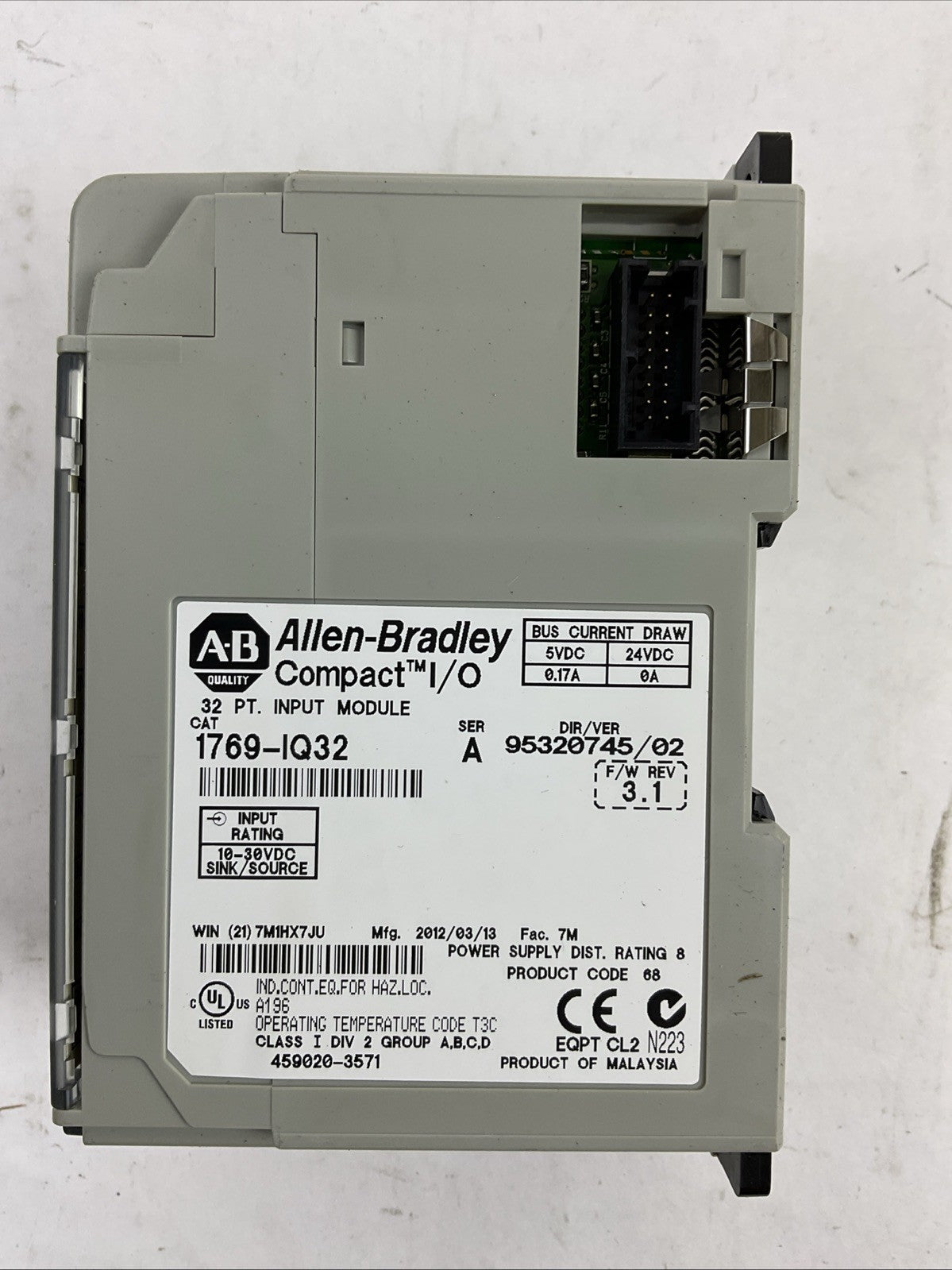 ALLEN BRADLEY 1769-IQ32 SER A F/W REV 3.1 DIR/VER 95320745/02 32PT INPUT MODULE