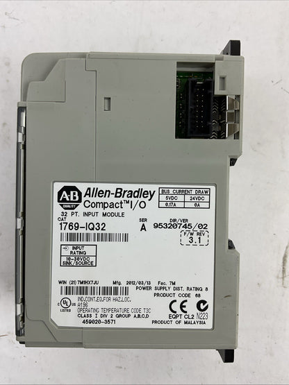 ALLEN BRADLEY 1769-IQ32 SER A F/W REV 3.1 DIR/VER 95320745/02 32PT INPUT MODULE