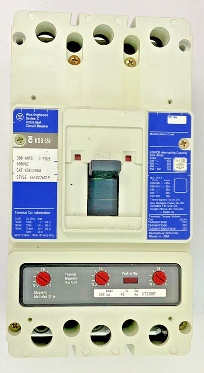 WESTINGHOUSE KDB3300W CIRCUIT BREAKER 600VAC 300A 3POLE KT3300T