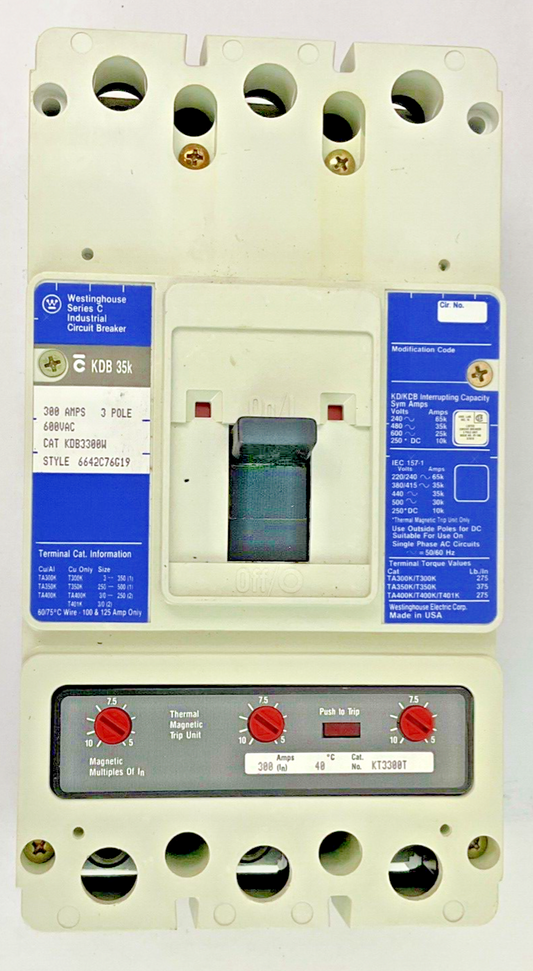 WESTINGHOUSE KDB3300W CIRCUIT BREAKER 600VAC 300A 3POLE KT3300T