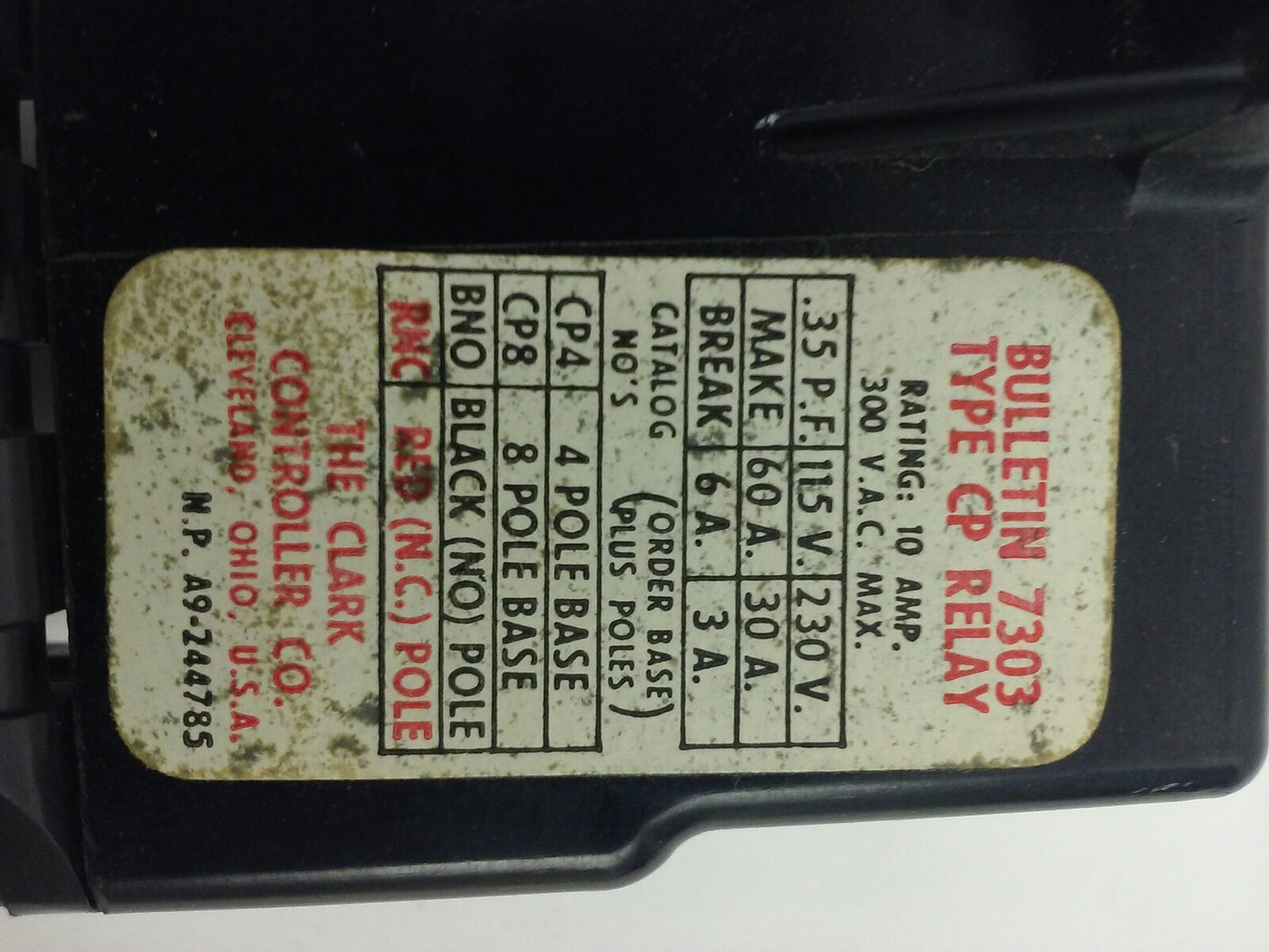 CLARK, CP8, BULLENTIN 7303, TYPE CP RELAY, 8P BASE, 300V,10A,NEW,MISSING SCREWS!