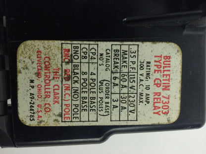 CLARK, CP8, BULLENTIN 7303, TYPE CP RELAY, 8P BASE, 300V,10A,NEW,MISSING SCREWS!
