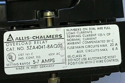 SIEMENS/ALLIS-CHALMERS 3ZA4041-8AQ00 OVERLOAD RELAY 600VAC 5-7AMP