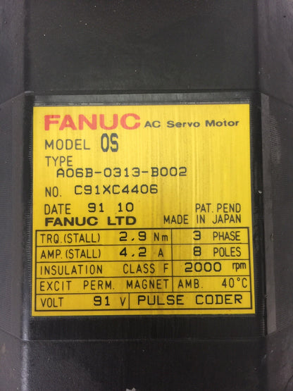 FANUC A06B-0313-B002 AC SERVO DRIVE 4.2A 3 PHASE 8 POLES 2000 RPM 91V