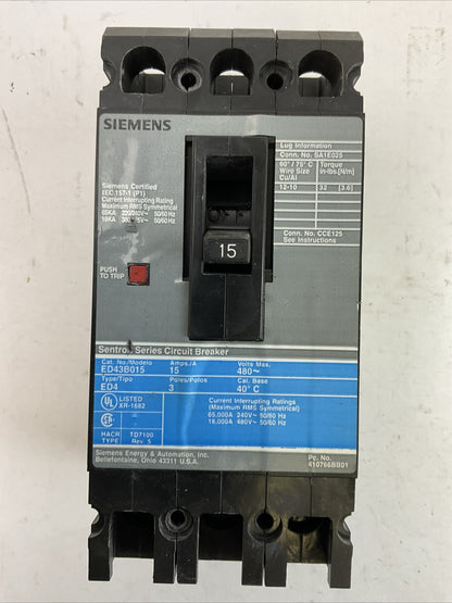 SIEMENS ED43B015 SENTRON SERIES CIRCUIT BREAKER TYPE ED4 15AMP 480VAC 3POLE