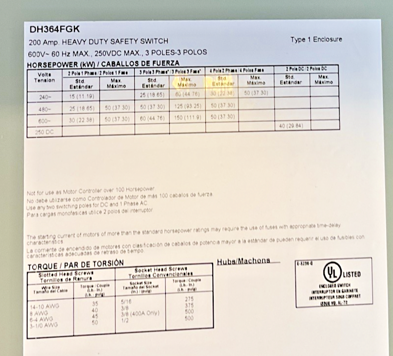 EATON DH364FGK FUSIBLE SAFTEY SWITCH 200A 600VAC 60HZ 250VDC 3P TYPE 1
