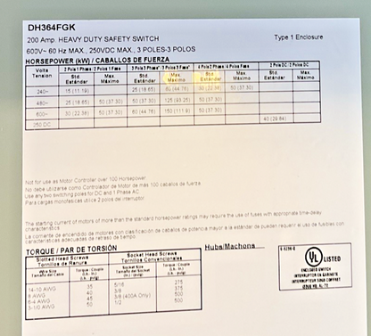 EATON DH364FGK FUSIBLE SAFTEY SWITCH 200A 600VAC 60HZ 250VDC 3P TYPE 1