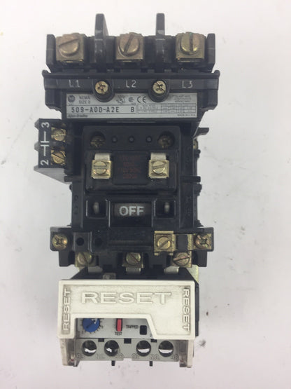ALLEN BRADLEY 509-A0D-A2E SIZE 0 STARTER 600VAC 18AMP SER B 592-A2EA 1.6-5.0A