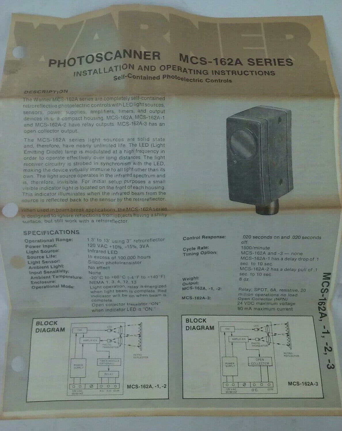 WARNER ELECTRIC 7120-448-047 MODEL MCS-162A PHOTOSCANNER PHOTOELECTRIC CONTROL