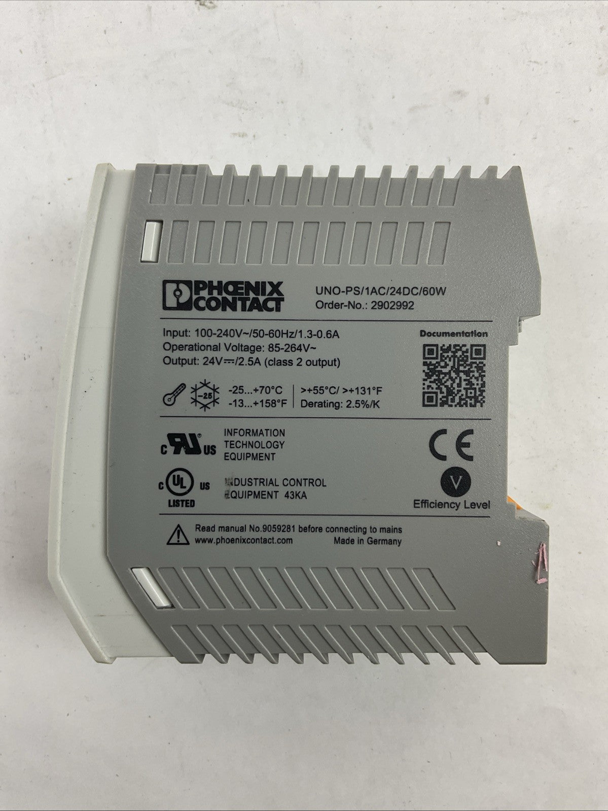 PHOENIX CONTACT UNO-PS/1AC/24DC/60W OUTPUT 24VDC INPUT 100-240VAC POWER SUPPLY