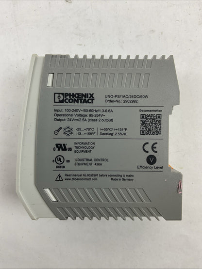 PHOENIX CONTACT UNO-PS/1AC/24DC/60W OUTPUT 24VDC INPUT 100-240VAC POWER SUPPLY