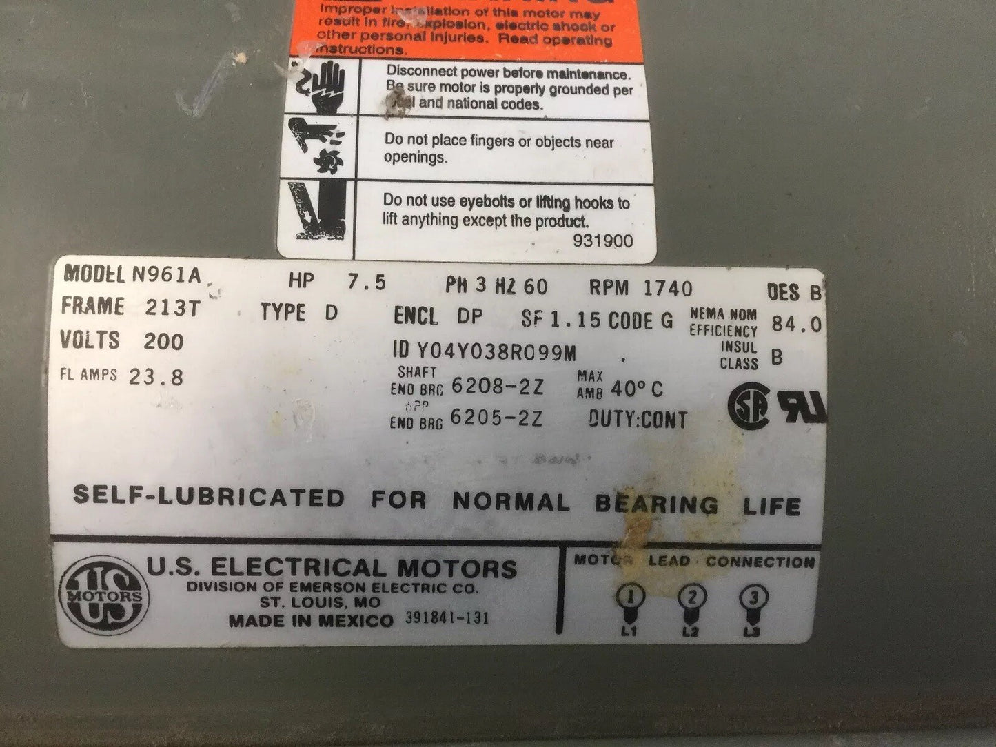 US ELECTRICAL MOTORS N961A MOTOR 7.5HP 3PH 60HZ 1740RPM 200V TYPE D Y04Y033R099M