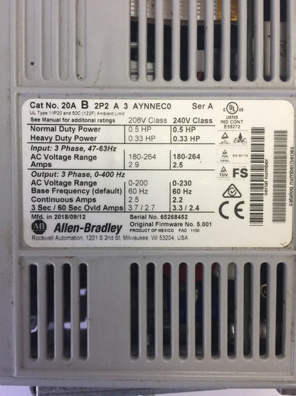 ALLEN BRADLEY POWER FLEX 70 20AB2P2A3AYNNEC0 AC DRIVE SERA INPUT 180-264VAC