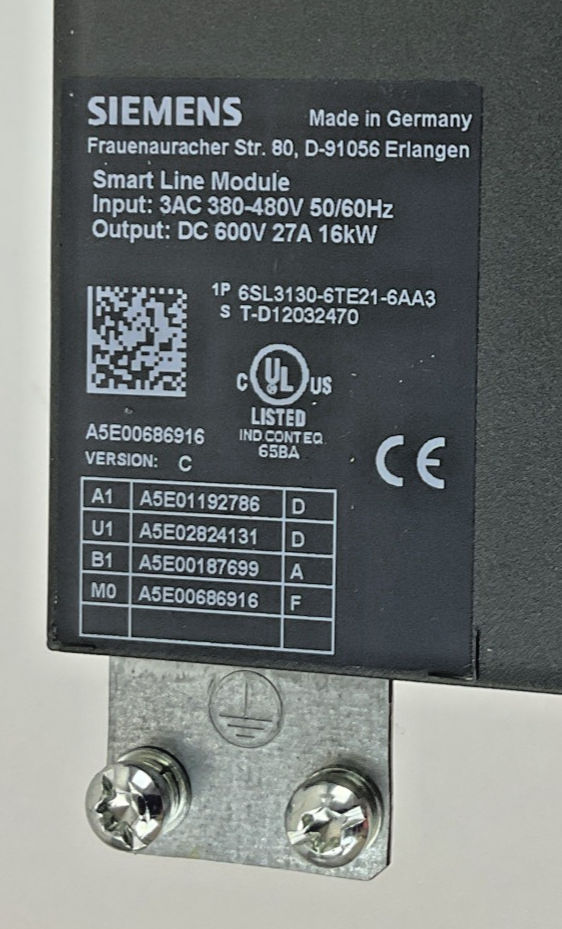 SIEMENS 6SL3130-6TE21-6AA3 SMART LINE MODULE 27A 16KW 480V 50/60HZ