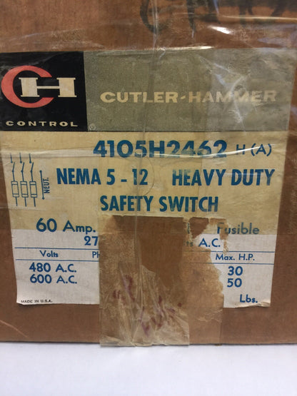 CUTLER HAMMER 4105H2462H HEAVY DUTY FUSIBLE SAFETY SWITCH 600VAC 60AMP 3PH 50HP